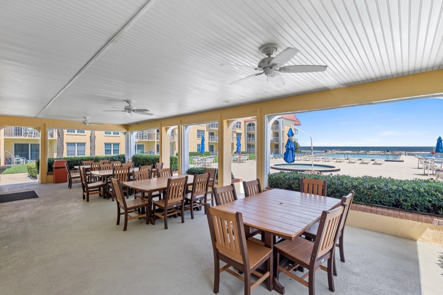 Covered pavilion with wooden tables looking out to the ocean