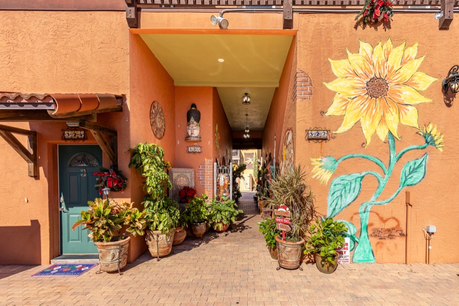 Terracotta courtyard passageway with a sunflower mural and potted plants