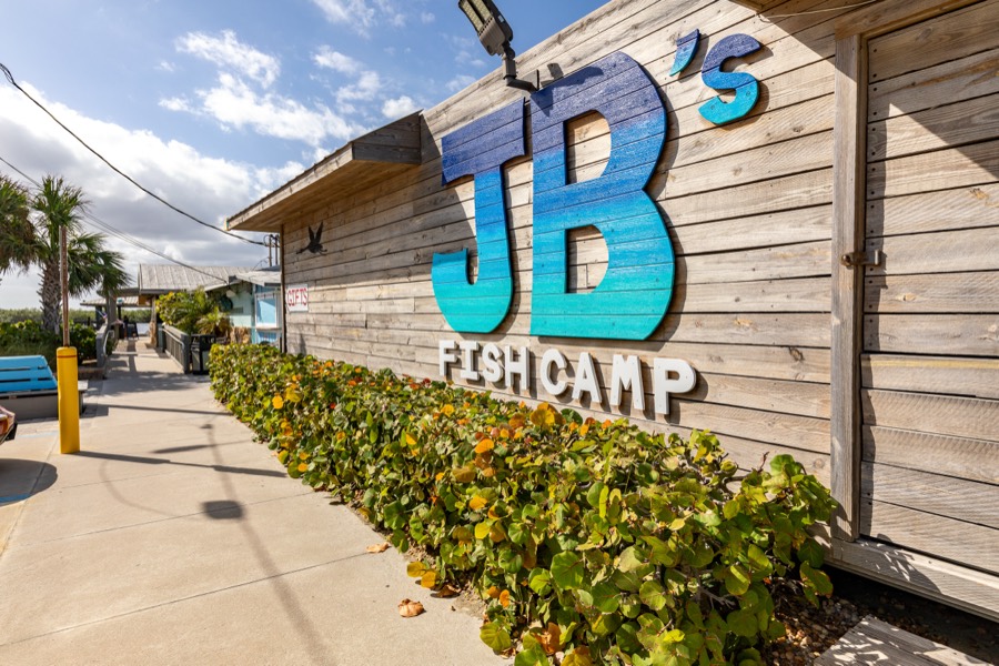 Exterior of JB's Fish Camp restaurant with weathered wood siding